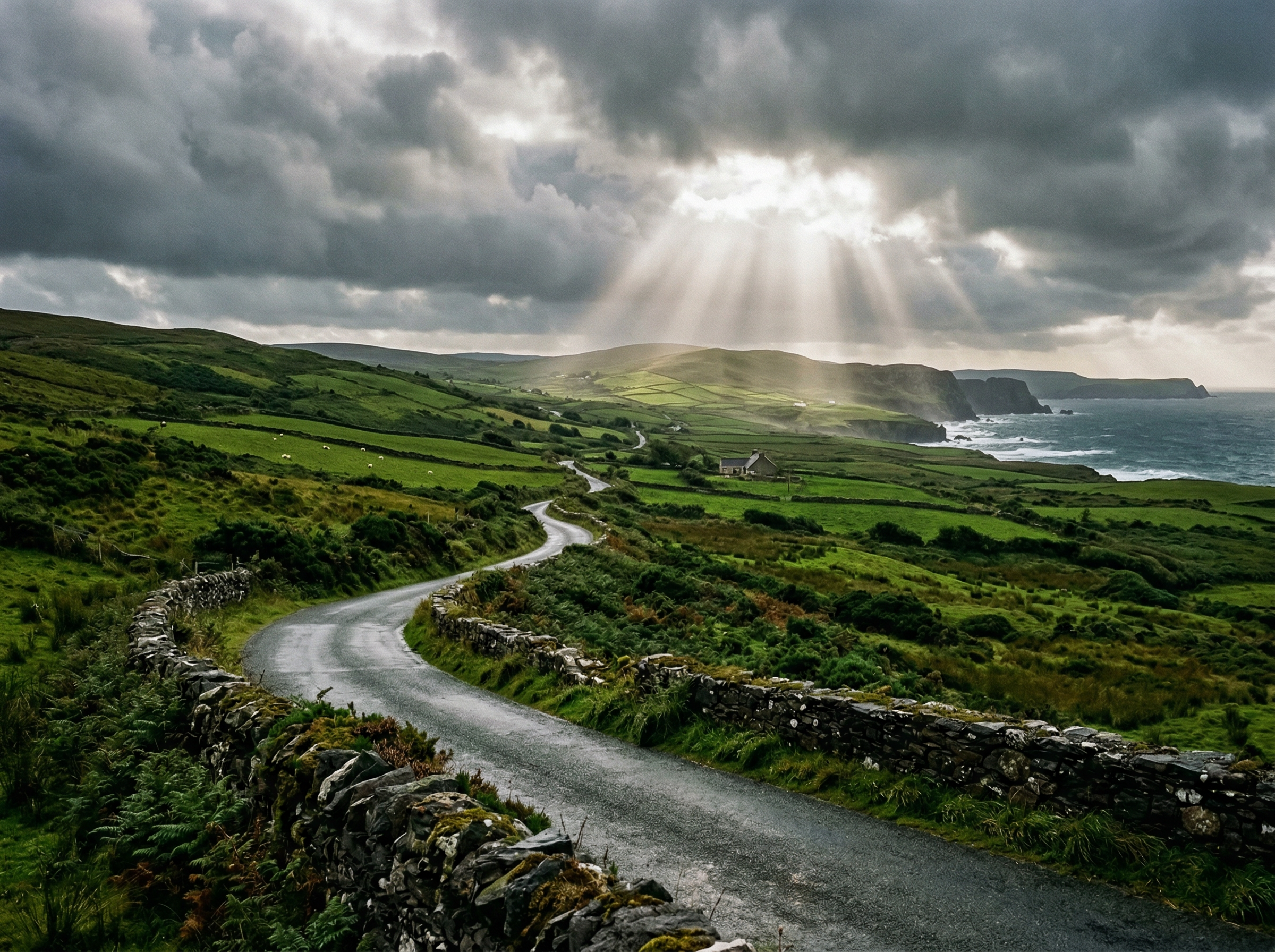 Sinuosa carretera rural irlandesa con dramáticas nubes de tormenta