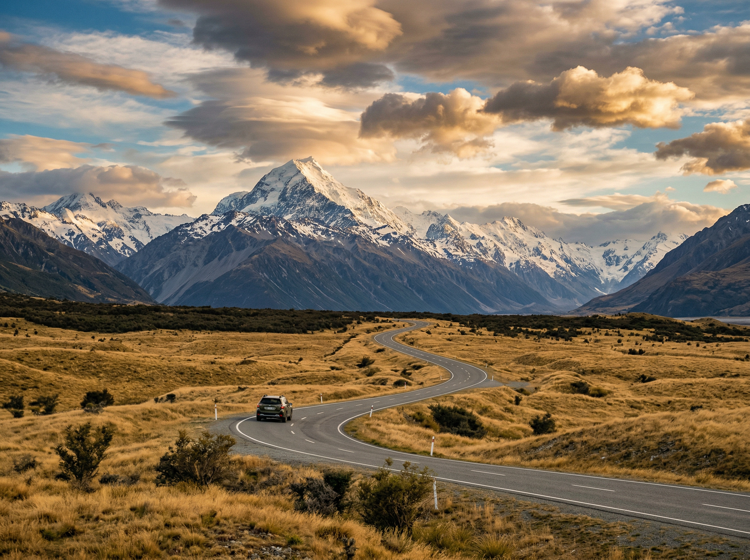 Carretera de montaña en Nueva Zelanda serpenteando por los Alpes del Sur