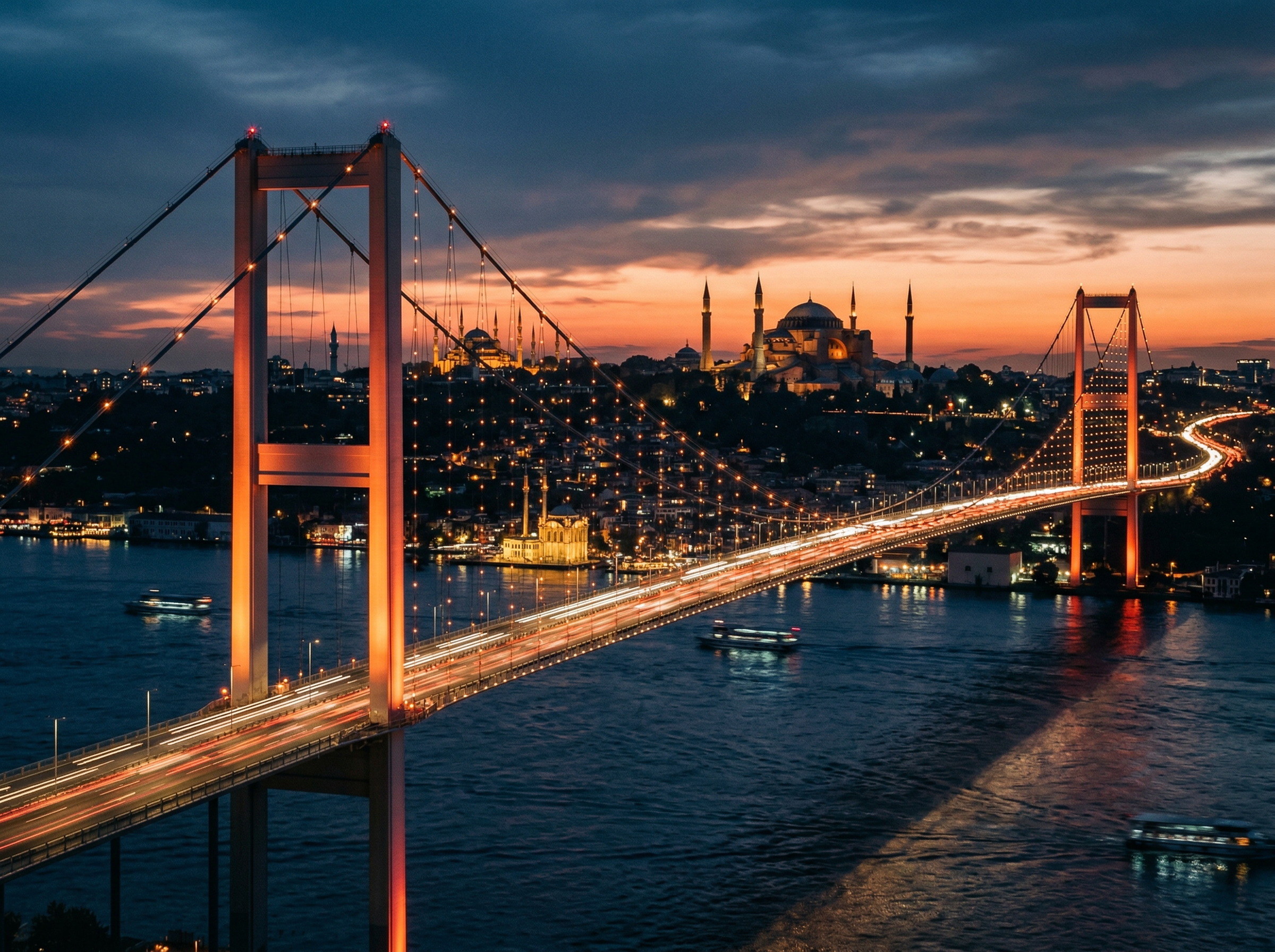 Puente del Bósforo de Estambul iluminado al anochecer